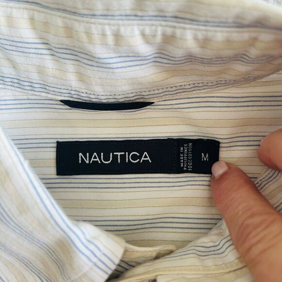 Nautica Button Up Shirt Men Medium Multi Vertical Stripe Cotton Logo Classic - Picture 3 of 12